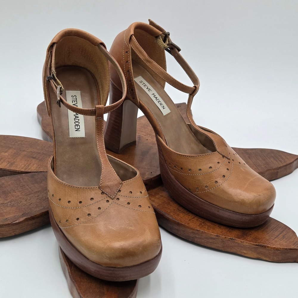 Steve Madden Women 9.5 B Madge Mary Jane Platform Heels Tan Leather
